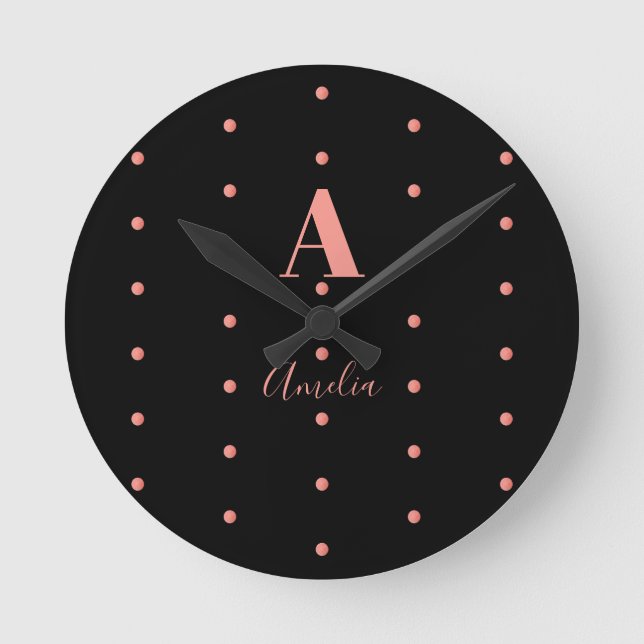 Monogram Name Black Rose Gold Polka Dots Round Clock (Front)