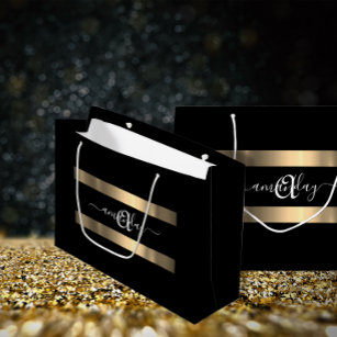 Monogram Name Black White Gold Birthday Wedding Large Gift Bag