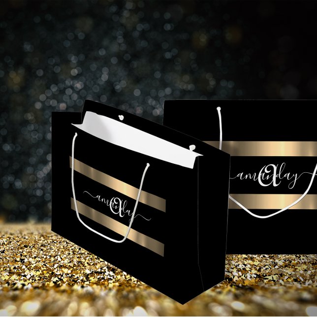 Monogram Name Black White Gold Birthday Wedding Large Gift Bag (Monogram Name Black White Gold Birthday Wedding Large Gift Bag)