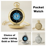 Monogram name blue and black with arrow and dots pocket watch<br><div class="desc">Personalise this pocket watch with initials and a name. The words 'Don't be Late, ' can also be changed.
Designed in black,  white with a blue circle and a black arrow</div>
