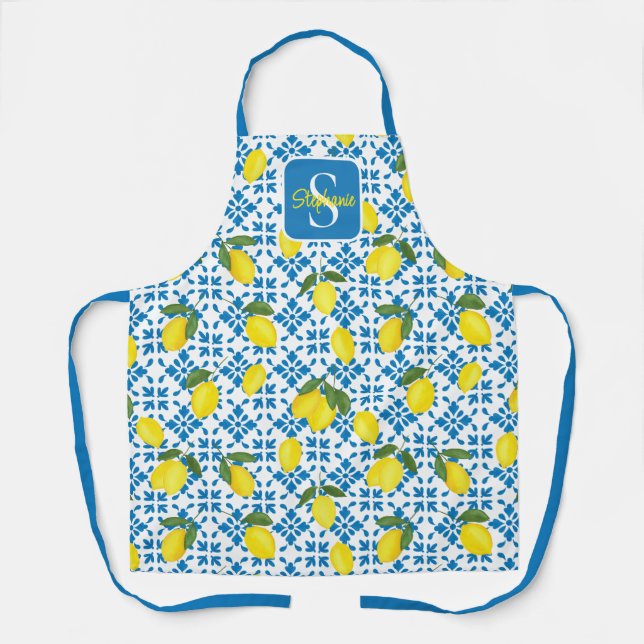 Monogram Name Blue French Tile Lemon Pattern  Apron (Front)