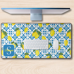 Monogram Name Blue French Tile Lemon Pattern Desk Mat
