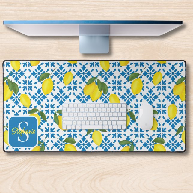 Monogram Name Blue French Tile Lemon Pattern  Desk Mat (Creator Uploaded)