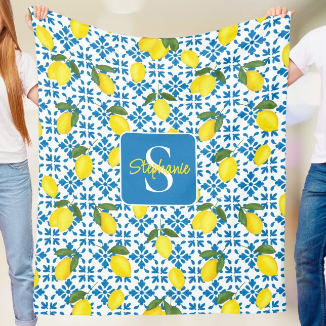 Monogram Name Blue French Tile Lemon Pattern  Fleece Blanket (Creator Uploaded)