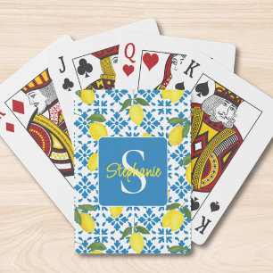Monogram Name Blue French Tile Lemon Pattern  Playing Cards