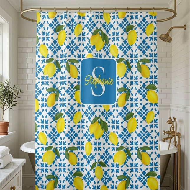 Monogram Name Blue French Tile Lemon Pattern  Shower Curtain (Creator Uploaded)