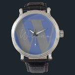 Monogram name blue gray stylish modern gift design watch<br><div class="desc">Custom Monogram Men's Watch – Blue & Gray Modern Design Elevate his accessory game with this custom monogram watch featuring a sleek blue and gray color palette and a minimalist modern layout. Perfect for dads, husbands, brothers, or boyfriends, this timepiece combines timeless style with a personal touch. Add his initials...</div>