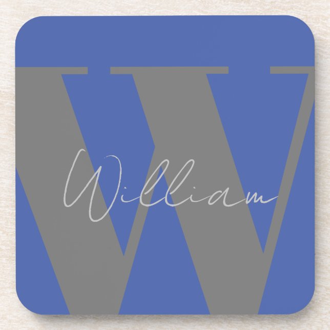 Monogram name blue grey stylish gift coaster (Front)