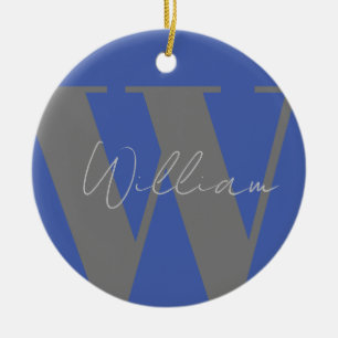 Monogram name blue grey stylish modern gift design ceramic tree decoration
