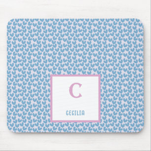 Monogram Name Blue Hearts & White Dots Pattern Mouse Pad