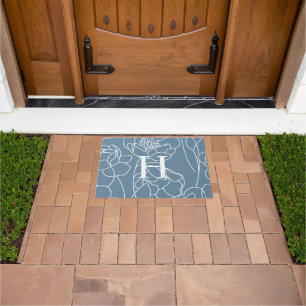 Monogram Name Blue Modern Wildflower Doormat