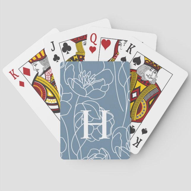 Monogram Name Blue Modern Wildflower Playing Cards (Back)