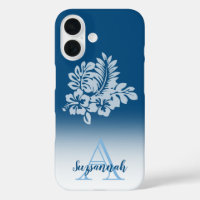 Monogram Name Blue Ombre Tropical Hibiscus Flowers