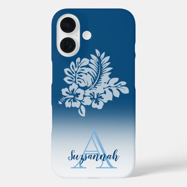 Monogram Name Blue Ombre Tropical Hibiscus Flowers Case-Mate iPhone Case (Back)