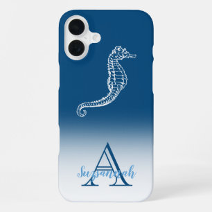 Monogram Name Blue Ombre Tropical Seahorse iPhone 16 Plus Case