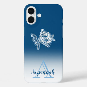 Monogram Name Blue Ombre White Fish Outline iPhone 16 Plus Case