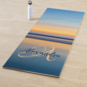 Monogram Name Blue Orange Zen Beach Ocean Sunset Yoga Mat