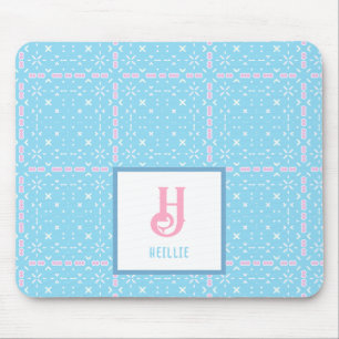 Monogram Name Blue & Pink Elements Pattern Mouse Pad