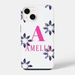 Monogram Name Blue Pink Watercolor Retro Flower  iPhone 14 Case