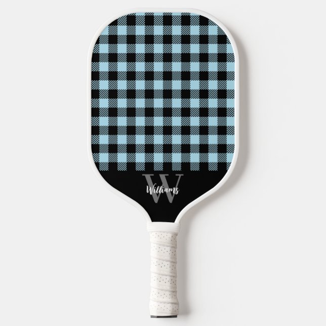 Monogram Name Blue Plaid Pickleball Paddle (Front)