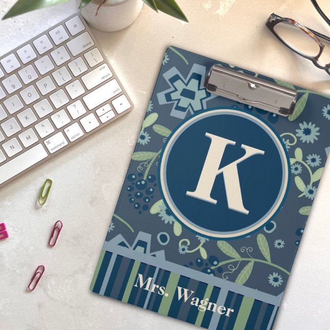 Monogram Name Blue Stripe Floral Teacher  Clipboard (Creator Uploaded)