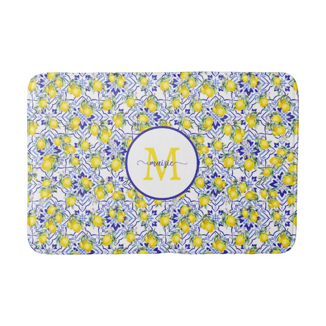 Monogram Name Blue Tile French Country Lemon Bath Mat (Front)