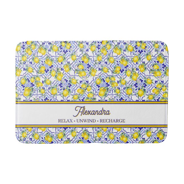Monogram Name Blue Tile French Country Lemon Bath Mat (Front)