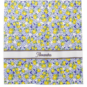 Monogram Name Blue Tile French Country Lemon Shower Curtain