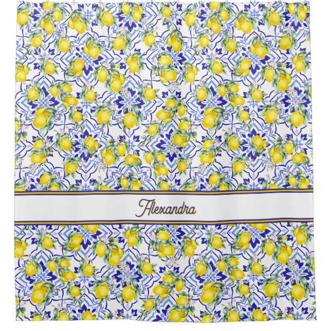Monogram Name Blue Tile French Country Lemon Shower Curtain (Front)
