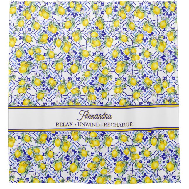 Monogram Name Blue Tile French Country Lemon Shower Curtain (Front)