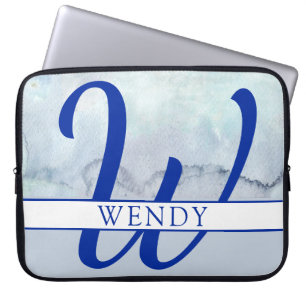 Monogram Name Blue Watercolor Laptop Sleeve