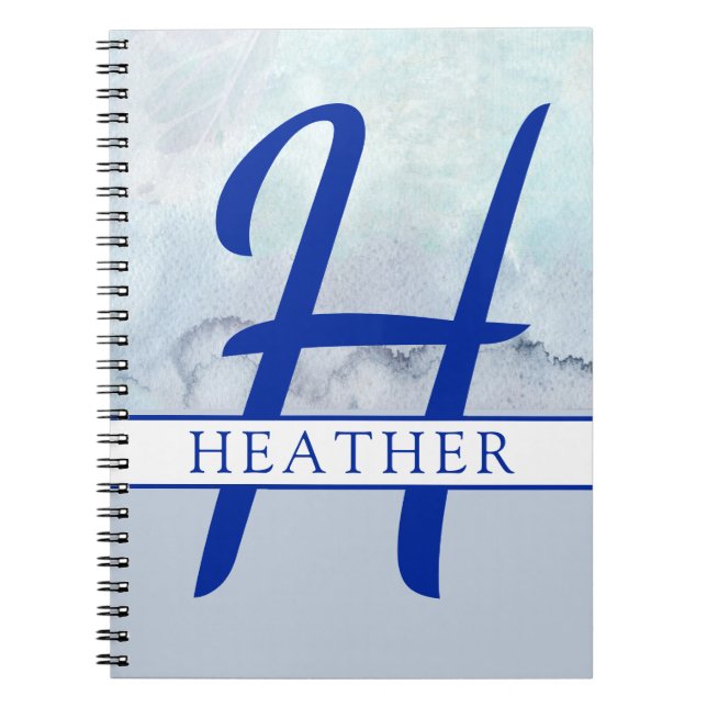 Monogram Name Blue Watercolor Notebook (Front)