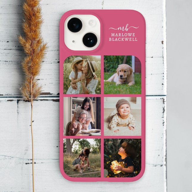 Monogram Name Blush Pink 6 Photo Collage Case-Mate iPhone Case (Creator Uploaded)