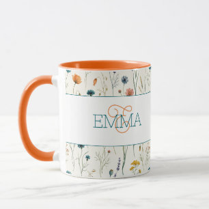 Monogram Name Boho Wildflower Pattern Orange Teal Mug