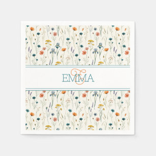 Monogram Name Boho Wildflower Pattern Orange Teal Napkin