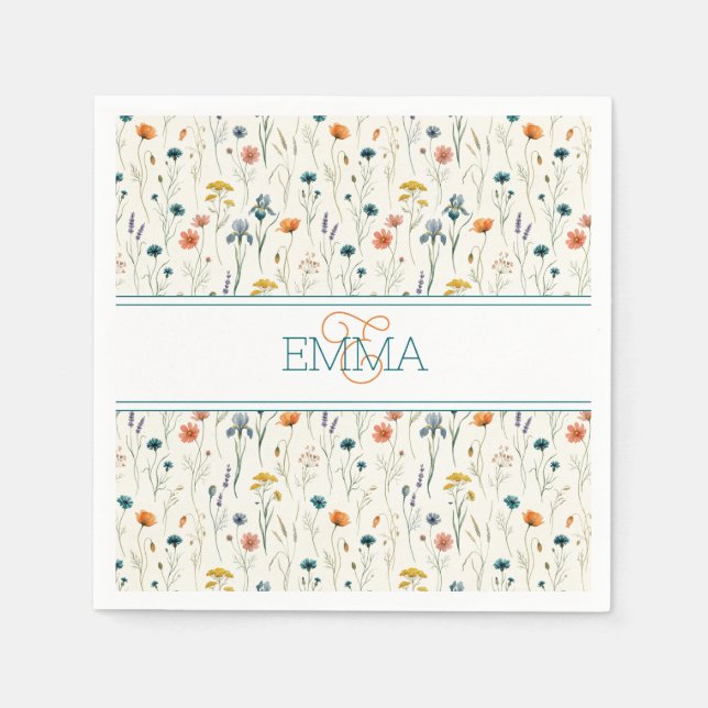 Monogram Name Boho Wildflower Pattern Orange Teal Napkin (Front)