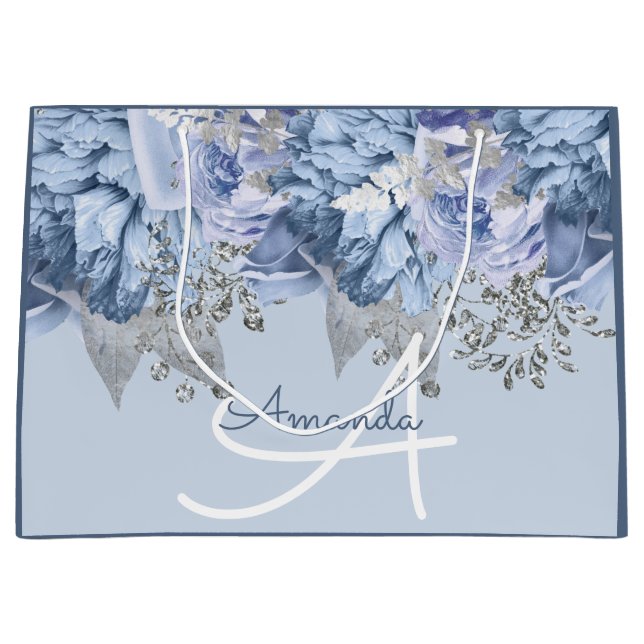 Monogram Name Bridal Favour Wedding Blue Floral Large Gift Bag (Front)
