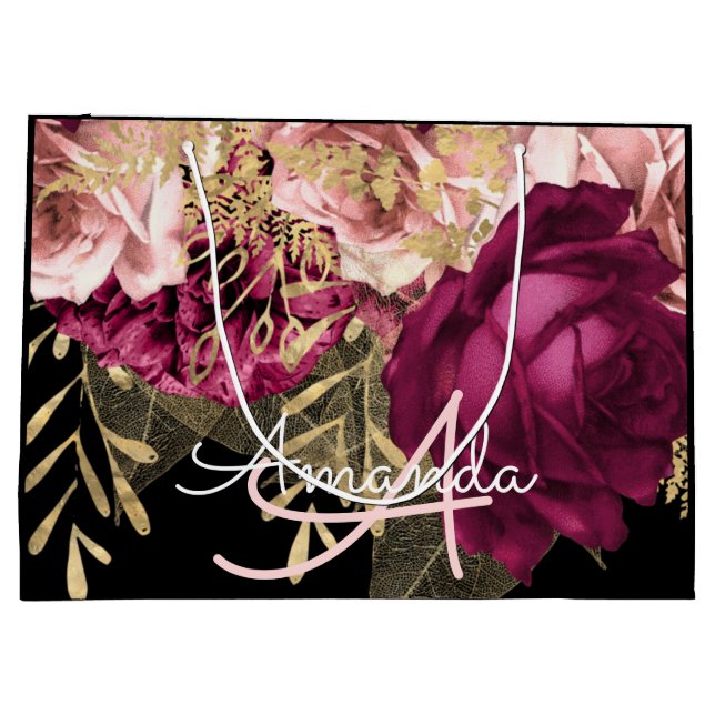 Monogram Name Bridal Wedding Favour Marsala Pink  Large Gift Bag (Back)