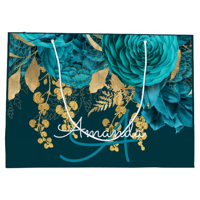 Monogram Name Bridal Wedding Favour Teal Gold Rose Large Gift Bag (Back)