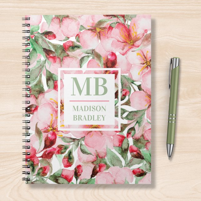 Monogram Name Cherry Blossom Watercolor Floral Notebook (Creator Uploaded)