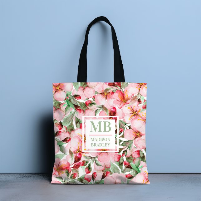 Monogram Name Cherry Blossom Watercolor Floral Tote Bag (Creator Uploaded)