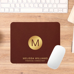 Monogram Name Chic Classy Faux Red Leather & Gold  Mouse Pad