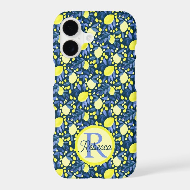 Monogram Name Chic Mediterranean Lemon Blue Leaf (Back)