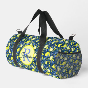 Monogram Name Chic Mediterranean Lemon Blue Leaf Duffle Bag