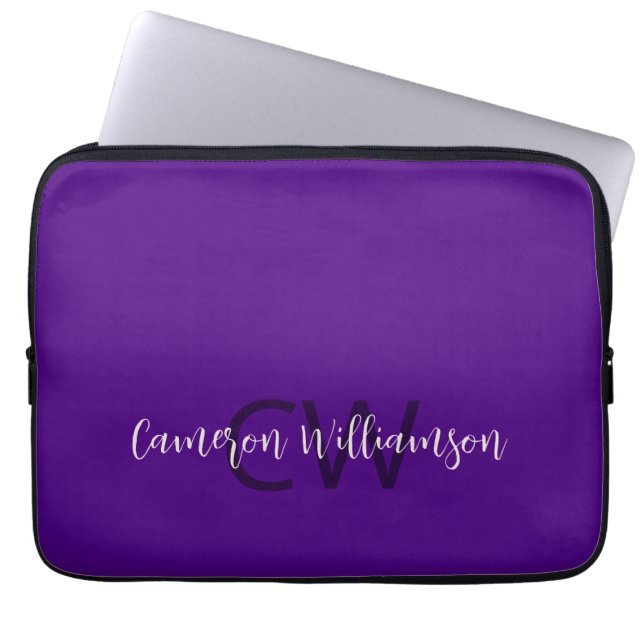 Monogram Name Chic Solid Indigo Purple Laptop Sleeve (Front)