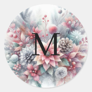 Monogram name Christmas floral pastel watercolor Classic Round Sticker