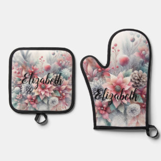 Monogram name Christmas floral pastel watercolor Oven Mitt & Pot Holder Set