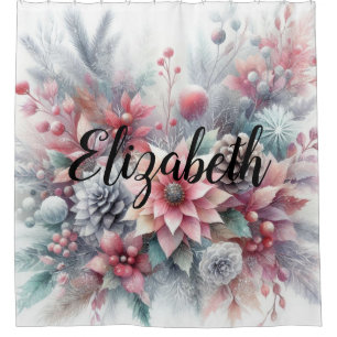 Monogram name Christmas floral pastel watercolor Shower Curtain