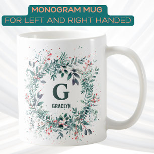 Monogram Name Christmas Greenery Coffee Mug