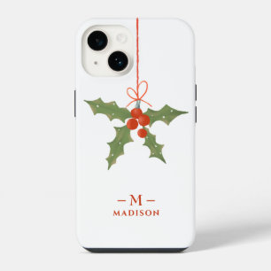 Monogram Name Christmas Holly Winter Floral iPhone 14 Case